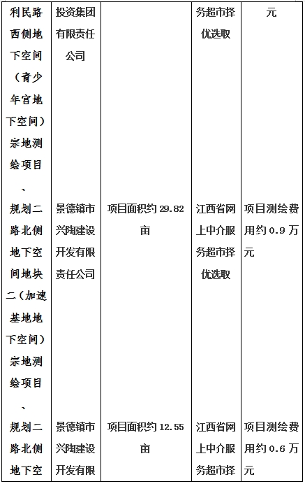 景德鎮(zhèn)市昌南新區(qū)LJ1-03-A01-1地塊、瓷都大道東側(cè)中渡口地下空間（格蘭云天大酒店地下空間）、光明大道北側(cè)利民路西側(cè)地下空間（青少年宮地下空間）、規(guī)劃二路北側(cè)地下空間地塊二（加速基地地下空間）、規(guī)劃二路北側(cè)地下空間地塊一（加速基地地下空間）、景德大道南側(cè)天寶橋西側(cè)地塊、景興大道東側(cè)如意路北側(cè)地下空間(社會公共服務(wù)