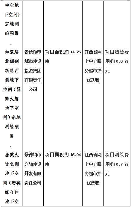 景德鎮(zhèn)市昌南新區(qū)LJ1-03-A01-1地塊、瓷都大道東側(cè)中渡口地下空間（格蘭云天大酒店地下空間）、光明大道北側(cè)利民路西側(cè)地下空間（青少年宮地下空間）、規(guī)劃二路北側(cè)地下空間地塊二（加速基地地下空間）、規(guī)劃二路北側(cè)地下空間地塊一（加速基地地下空間）、景德大道南側(cè)天寶橋西側(cè)地塊、景興大道東側(cè)如意路北側(cè)地下空間(社會公共服務(wù)