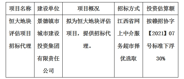 恒大地塊評估項(xiàng)目招標(biāo)代理計(jì)劃公告